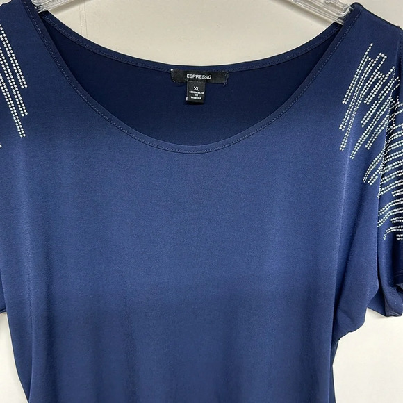 Espresso Royal Blue Cold-shoulder Blouse with silver accents. Gathers at side - Picture 3 of 8